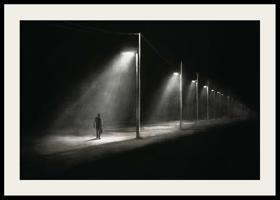 Illustration eines einsamen Mannes unter Straßenlaternen in dunkler Nachtlandschaft-12