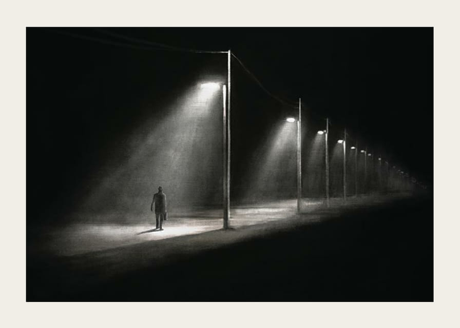 Illustration eines einsamen Mannes unter Straßenlaternen in dunkler Nachtlandschaft-12