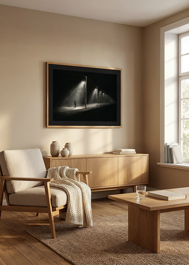 Illustration eines einsamen Mannes unter Straßenlaternen in dunkler Nachtlandschaft-12