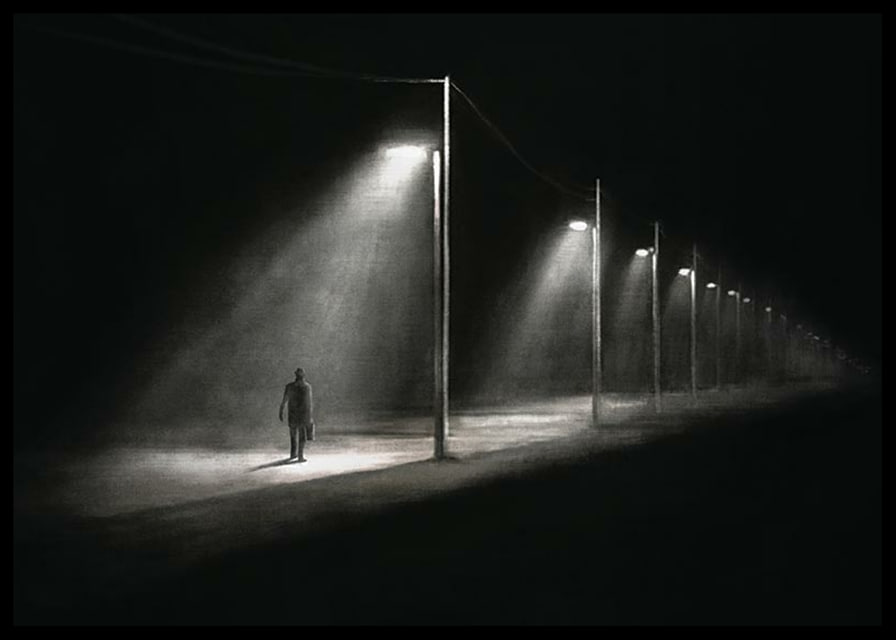 Illustration of lonely man under street lights in dark night landscape-12