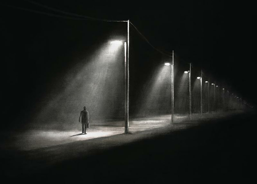 Illustration of lonely man under street lights in dark night landscape-12