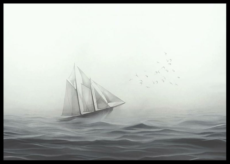 Sailboat with big white sails on foggy sea in grayscale-12