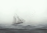 Sailboat with big white sails on foggy sea in grayscale-7