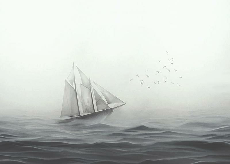 Sailboat with big white sails on foggy sea in grayscale-12