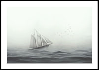 Sailboat with big white sails on foggy sea in grayscale-0