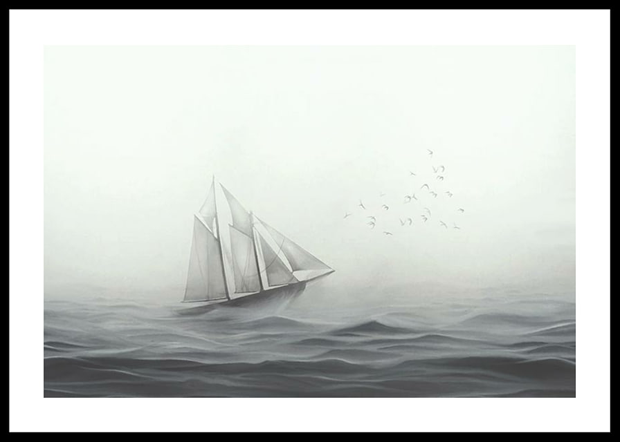 Sailboat with big white sails on foggy sea in grayscale-12