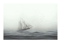 Sailboat with big white sails on foggy sea in grayscale-1