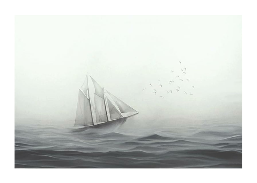 Sailboat with big white sails on foggy sea in grayscale-12
