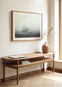 Sailboat with big white sails on foggy sea in grayscale-8