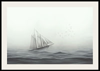 Sailboat with big white sails on foggy sea in grayscale-2