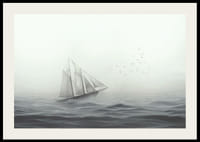 Vitorláshajó nagy fehér vitorlákkal a ködös tengeren szürkeárnyalatos-2