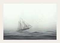 Sailboat with big white sails on foggy sea in grayscale-3