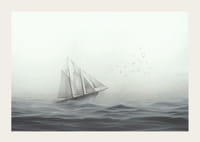 Vitorláshajó nagy fehér vitorlákkal a ködös tengeren szürkeárnyalatos-3