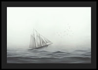 Sailboat with big white sails on foggy sea in grayscale-4