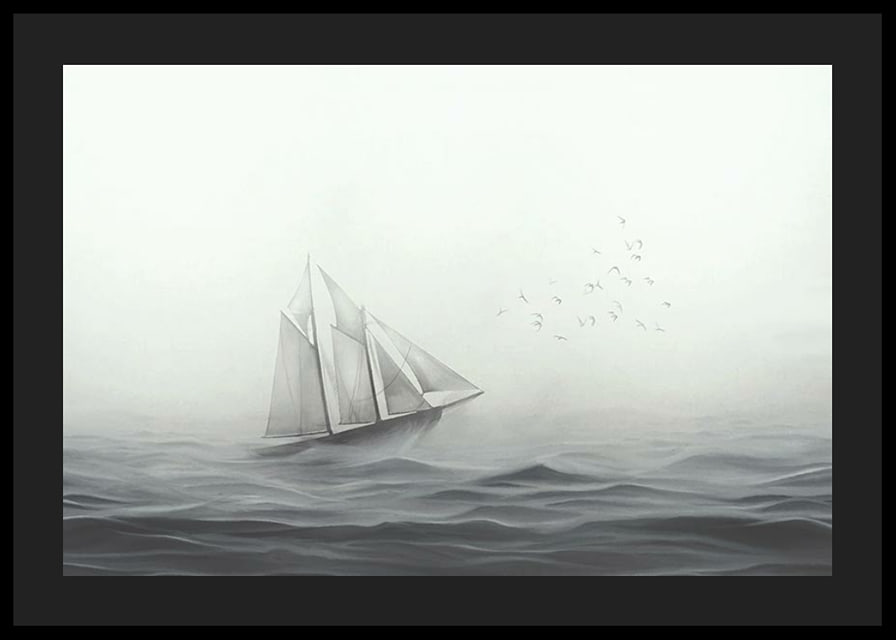 Sailboat with big white sails on foggy sea in grayscale-12