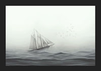 Sailboat with big white sails on foggy sea in grayscale-5