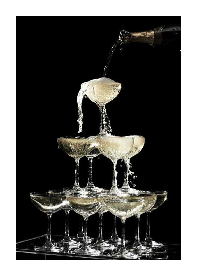 Photograph of champagne tower with flowing bubbles against black background-12