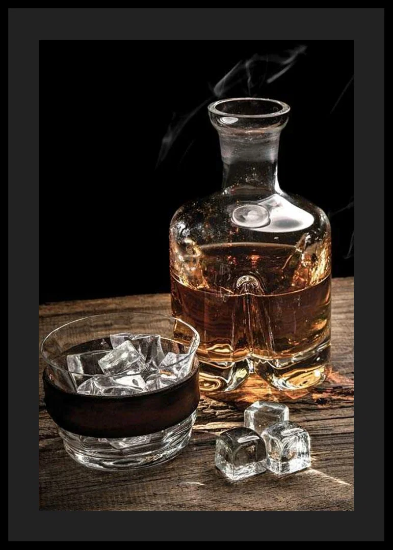 Photographic motif with whiskey decanter, glass and ice cubes-12