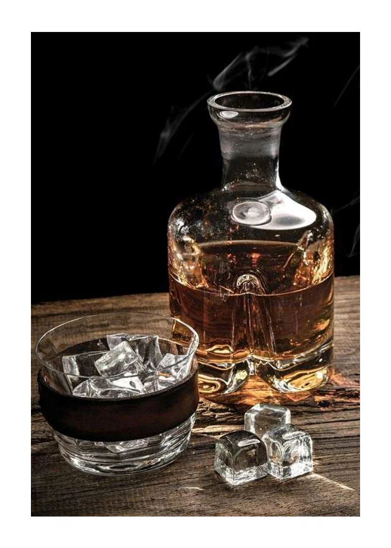 Photographic motif with whiskey decanter, glass and ice cubes-12
