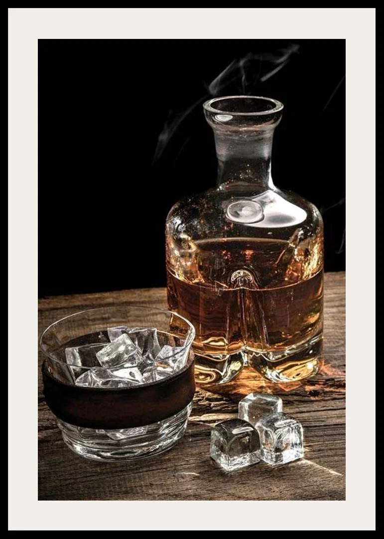 Photographic motif with whiskey decanter, glass and ice cubes-12