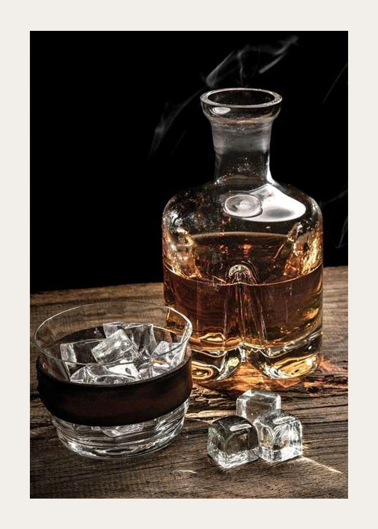 Photographic motif with whiskey decanter, glass and ice cubes-12