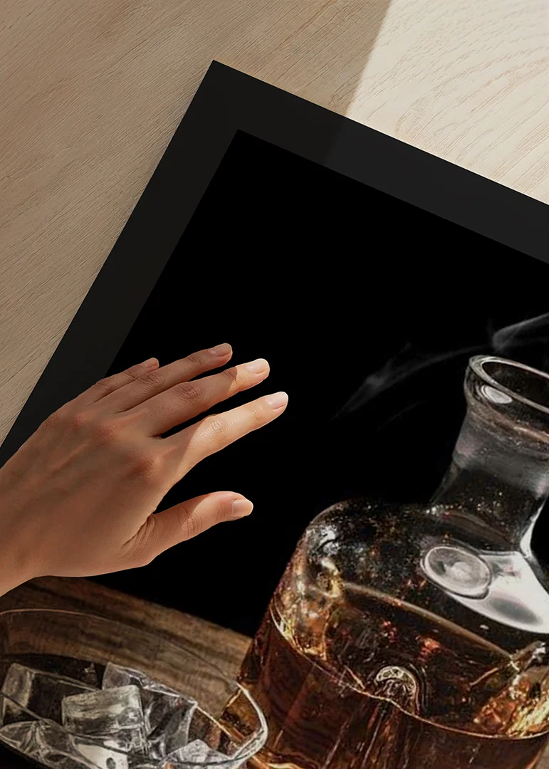 Photographic motif with whiskey decanter, glass and ice cubes-12