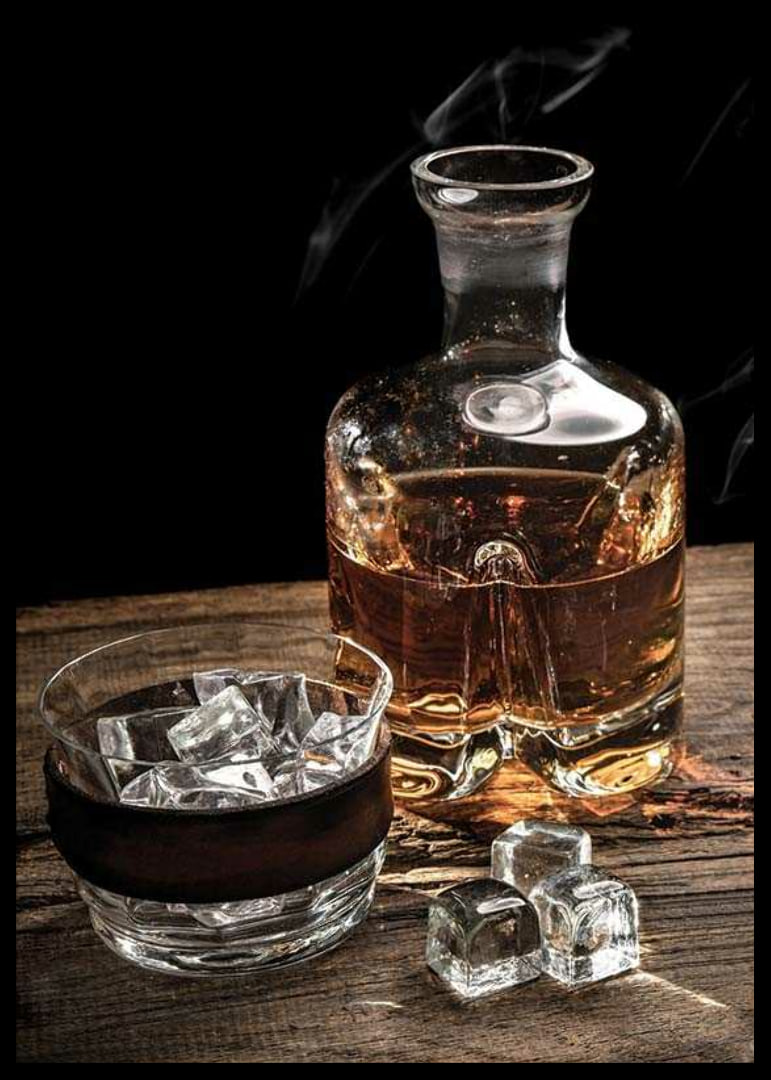 Photographic motif with whiskey decanter, glass and ice cubes-12
