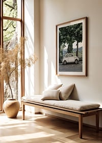 Photograph of white vintage car parked under green trees-8