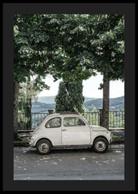 Foto van een witte vintage auto geparkeerd onder groene bomen-4