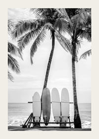 Black and white photo of surfboards against palm trees and ocean-3