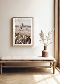 Close-up of soft beige grass blades against blurred beach background-8
