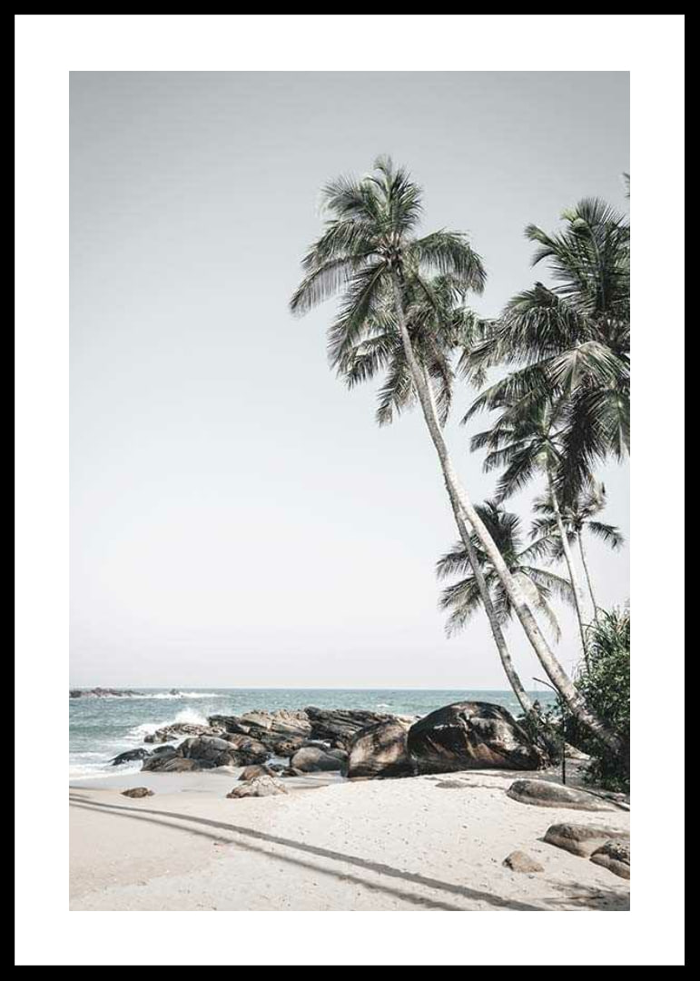 Fotografiska palmer vid sandstrand, klippor och hav-12