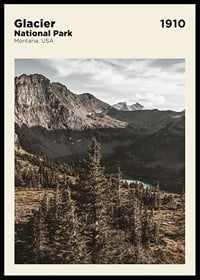 Photographic landscape with pine trees and mountains in Glacier National Park-0