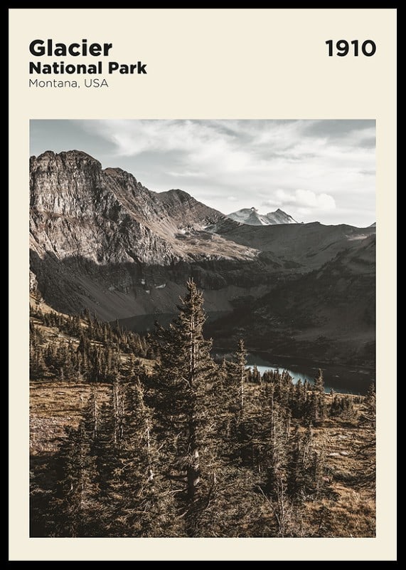 Photographic landscape with pine trees and mountains in Glacier National Park-12