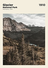 Photographic landscape with pine trees and mountains in Glacier National Park-1