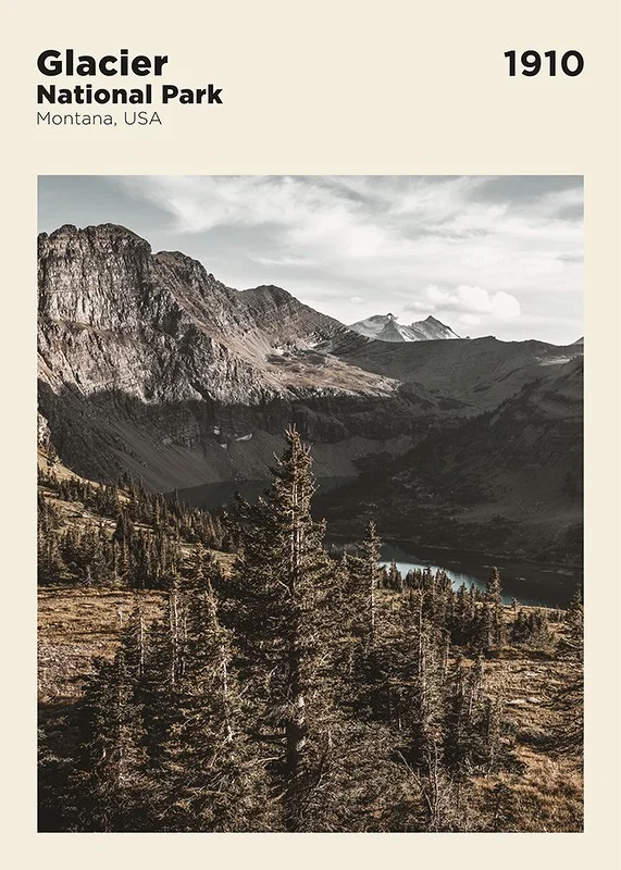 Fotografiskt landskap med tallar och berg i Glacier National Park-12
