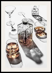 Photograph of whiskey decanter and glass with ice on light surface-2