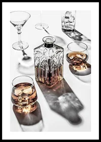 Photograph of whiskey decanter and glass with ice on light surface-0