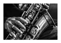 Black and white photo of hands playing a saxophone-1