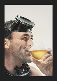 Photograph of man with cyclops and snorkel drinking beer-5