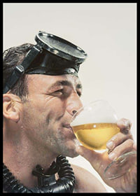 Photograph of man with cyclops and snorkel drinking beer-6