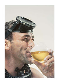 Photograph of man with cyclops and snorkel drinking beer-1