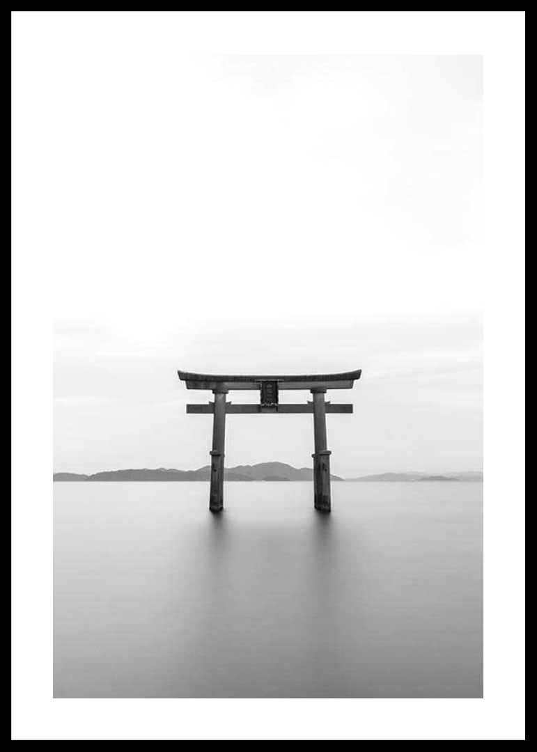 Black and white torii gate in water with mountains in the background-12