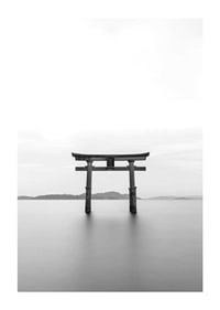 Black and white torii gate in water with mountains in the background-1