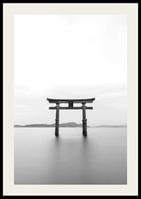 Black and white torii gate in water with mountains in the background-2