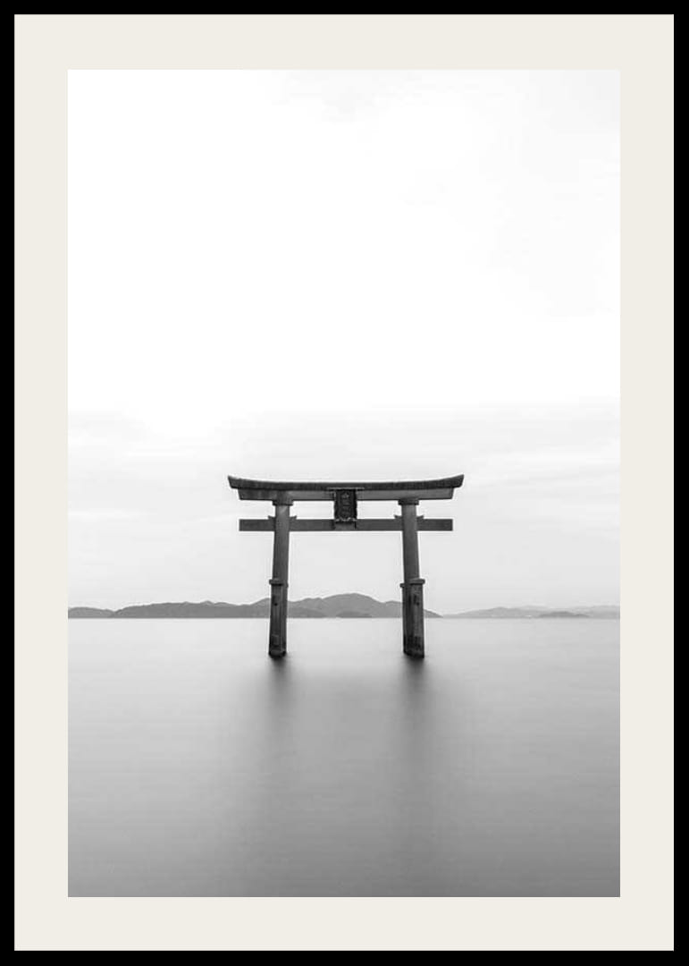 Czarno-biała brama torii w wodzie z górami w tle-12