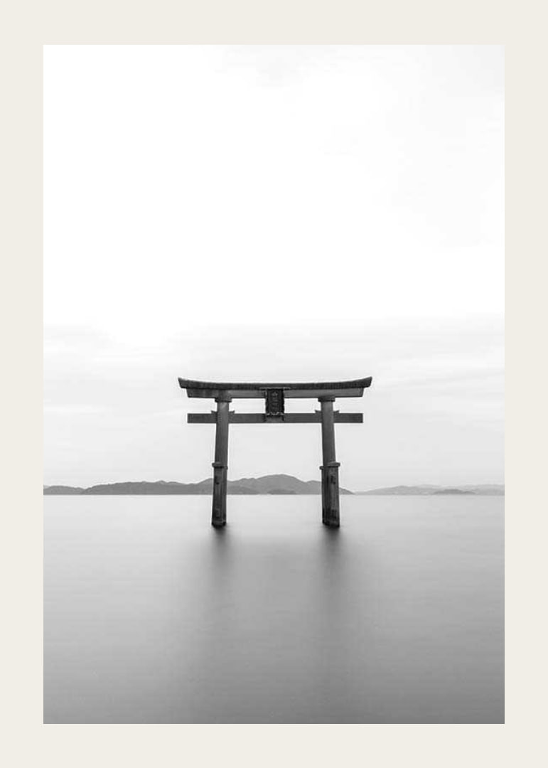 Black and white torii gate in water with mountains in the background-12