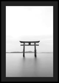 Czarno-biała brama torii w wodzie z górami w tle-4