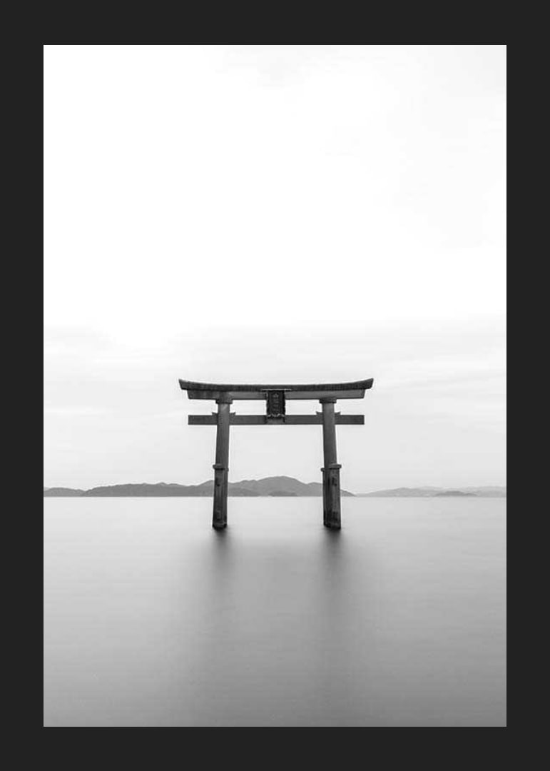 Black and white torii gate in water with mountains in the background-12