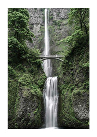 High waterfall with stone bridge, surrounded by greenery, photographic-1